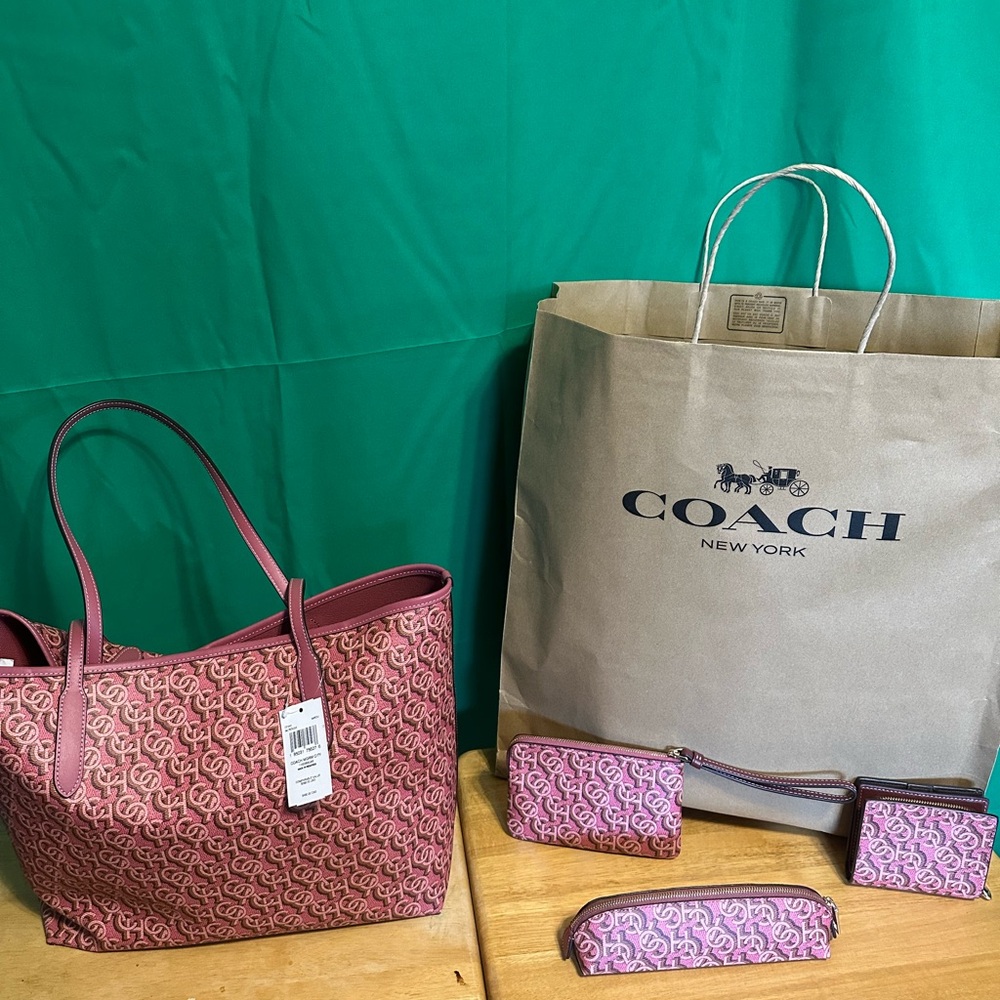 Brand New Coach Pink and Burgundy Signature Tote w Wallet, Wristlet, Pencil Case